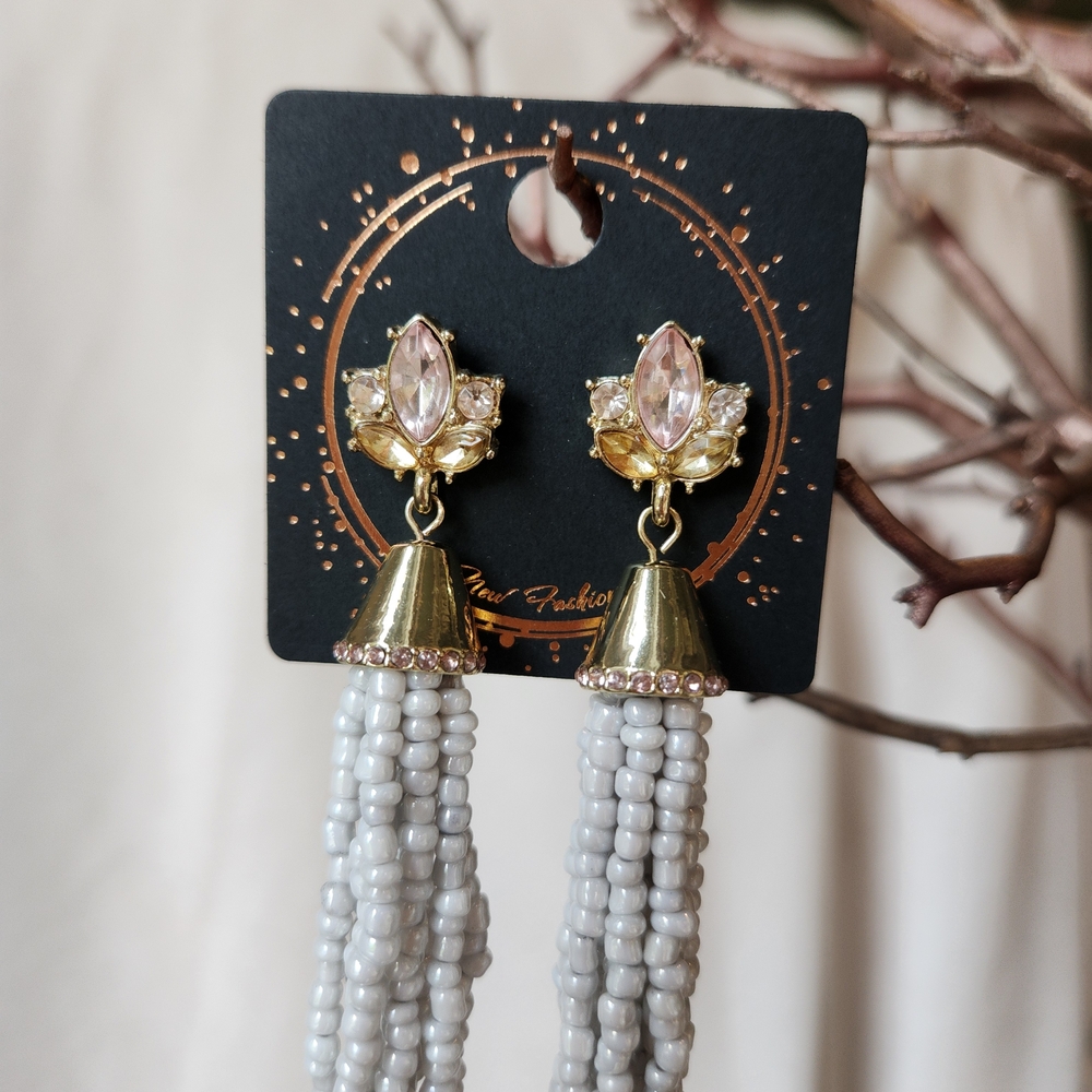 Bauble Bar Boho Gold and‎ White Beaded Tassel Earrings Gypsy Festival